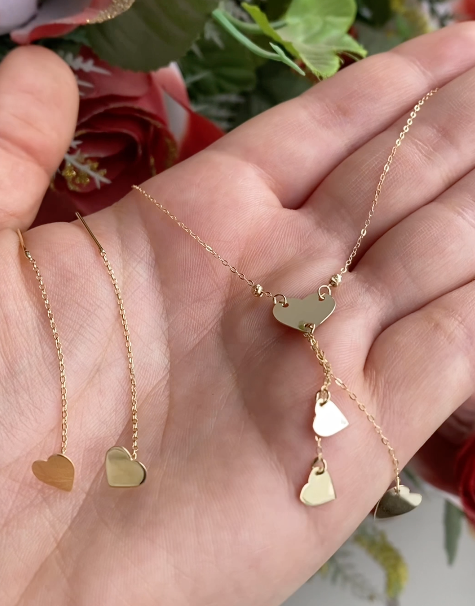 Ensemble avec Pendentif délicat du coeur en Or 18k ( Collier et Boucles D'oreilles )