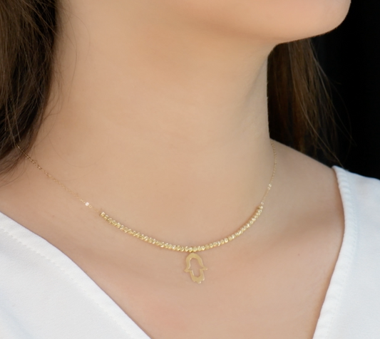 Collier en Or 18k Avec Motif Khmisat et Boules en Or 18k